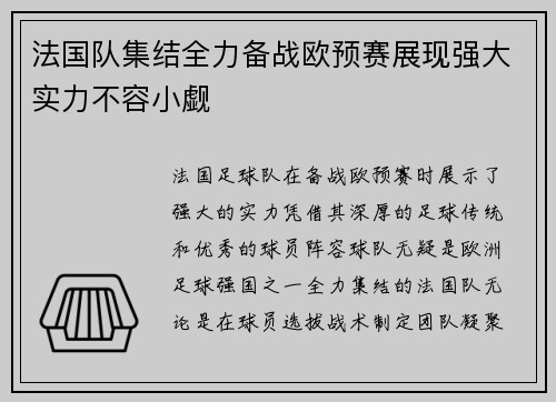 法国队集结全力备战欧预赛展现强大实力不容小觑