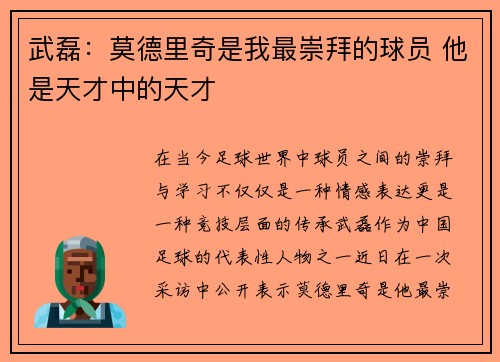 武磊：莫德里奇是我最崇拜的球员 他是天才中的天才