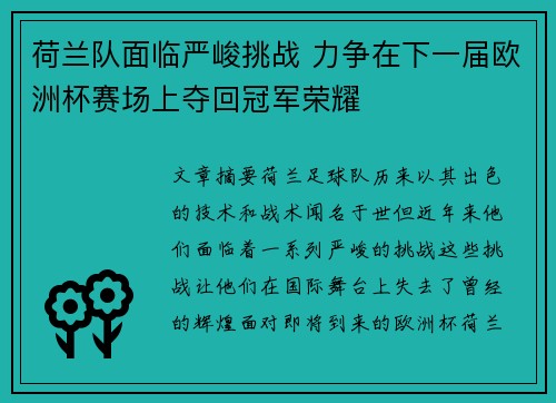 荷兰队面临严峻挑战 力争在下一届欧洲杯赛场上夺回冠军荣耀